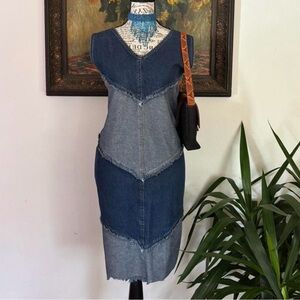 Vintage Patchwork Denim V-Neck Midi Dress - Two-Tone Blue